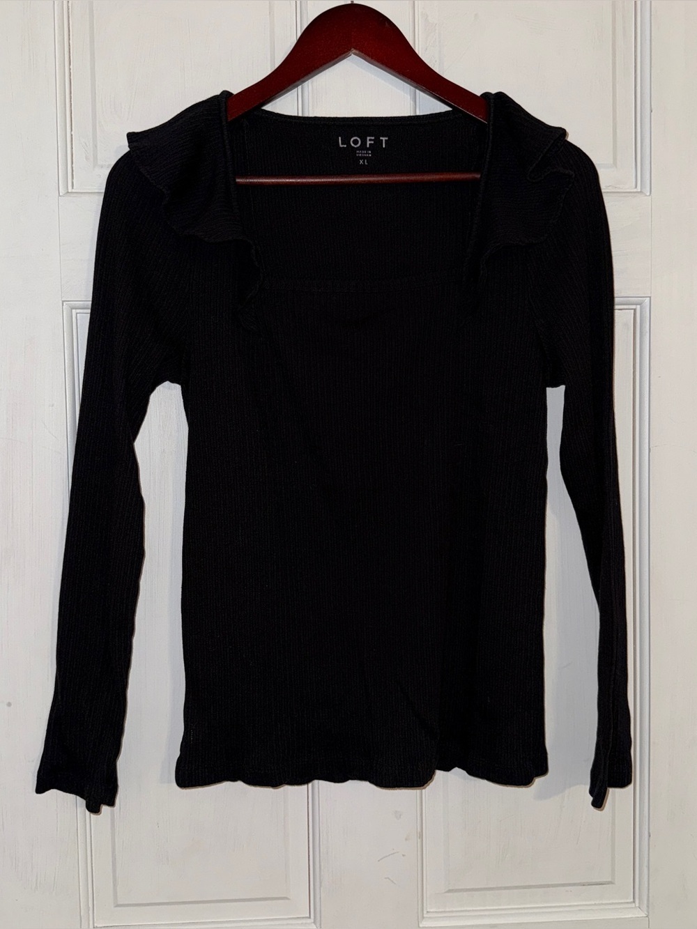 LOFT Women's Black Waffle Knit Square Neck Ruffle Long Sleeve Top Size XL
